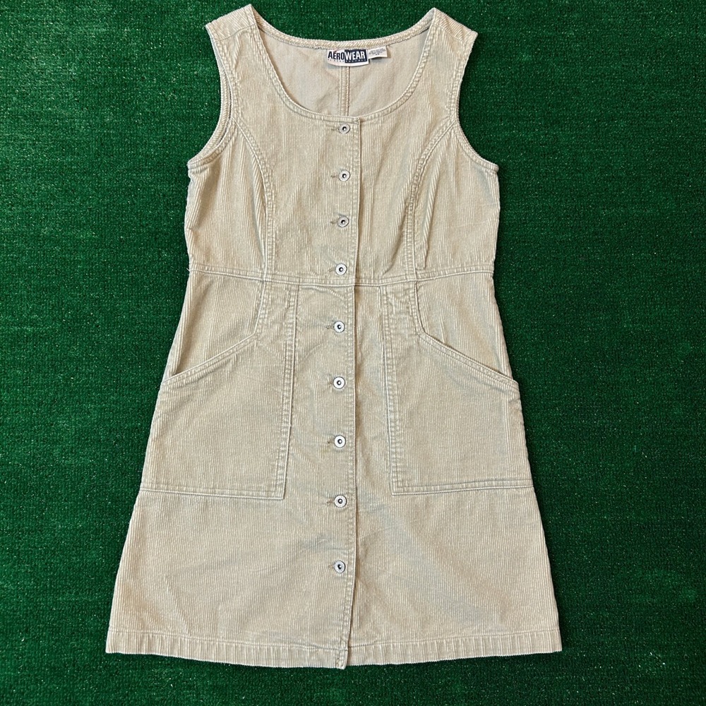 Aeropostale Jumper Dress Women XS Tan Corduroy Button Front Sleeveless Mini